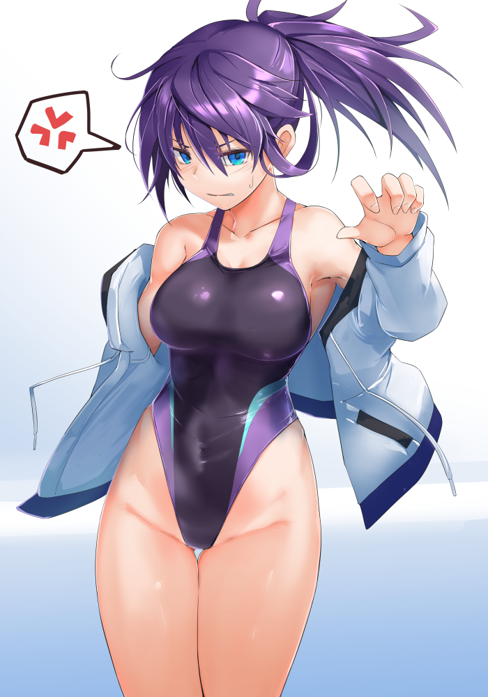 1girl anger_vein black_swimsuit blue_background blue_eyes commentary_request competition_swimsuit covered_navel cowboy_shot gradient gradient_background groin highleg highleg_swimsuit imura_(shiro_maru) jacket long_hair looking_at_viewer multicolored multicolored_clothes multicolored_swimsuit one-piece_swimsuit original ponytail purple_hair shiro_maru solo spoken_anger_vein swimsuit white_background white_jacket