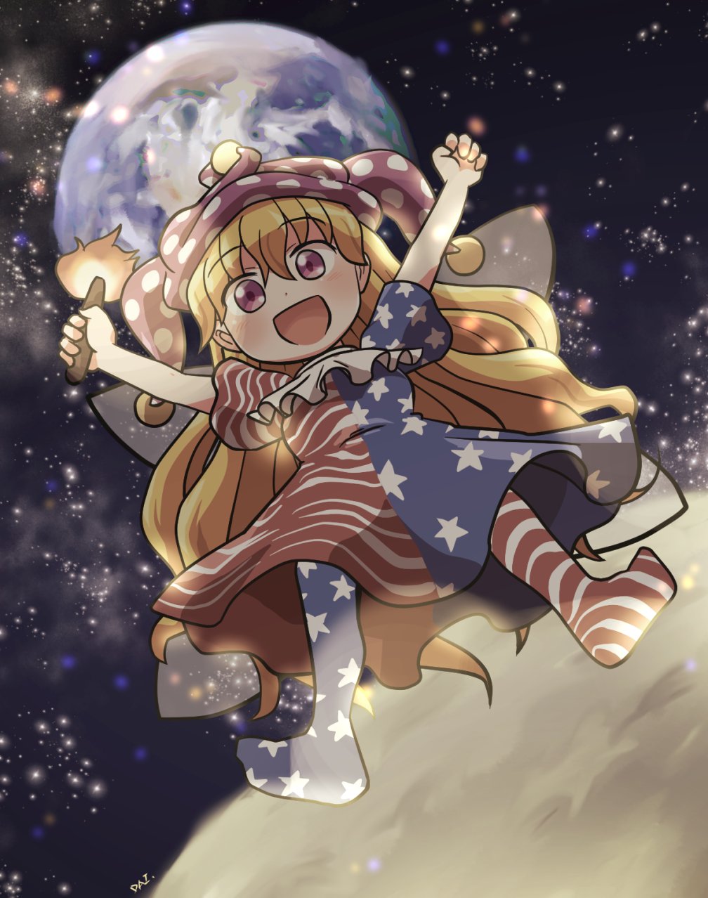 1girl :d american_flag_dress american_flag_legwear bangs blonde_hair clownpiece dress earth_(planet) eyebrows_visible_through_hair fairy_wings full_body hat highres holding holding_torch jester_cap long_hair looking_at_viewer moon open_mouth outdoors outstretched_arms pink_eyes planet polka_dot_headwear purple_headwear rokugou_daisuke short_sleeves smile solo space star_(sky) star_(symbol) star_print striped striped_dress striped_legwear torch touhou transparent_wings wings