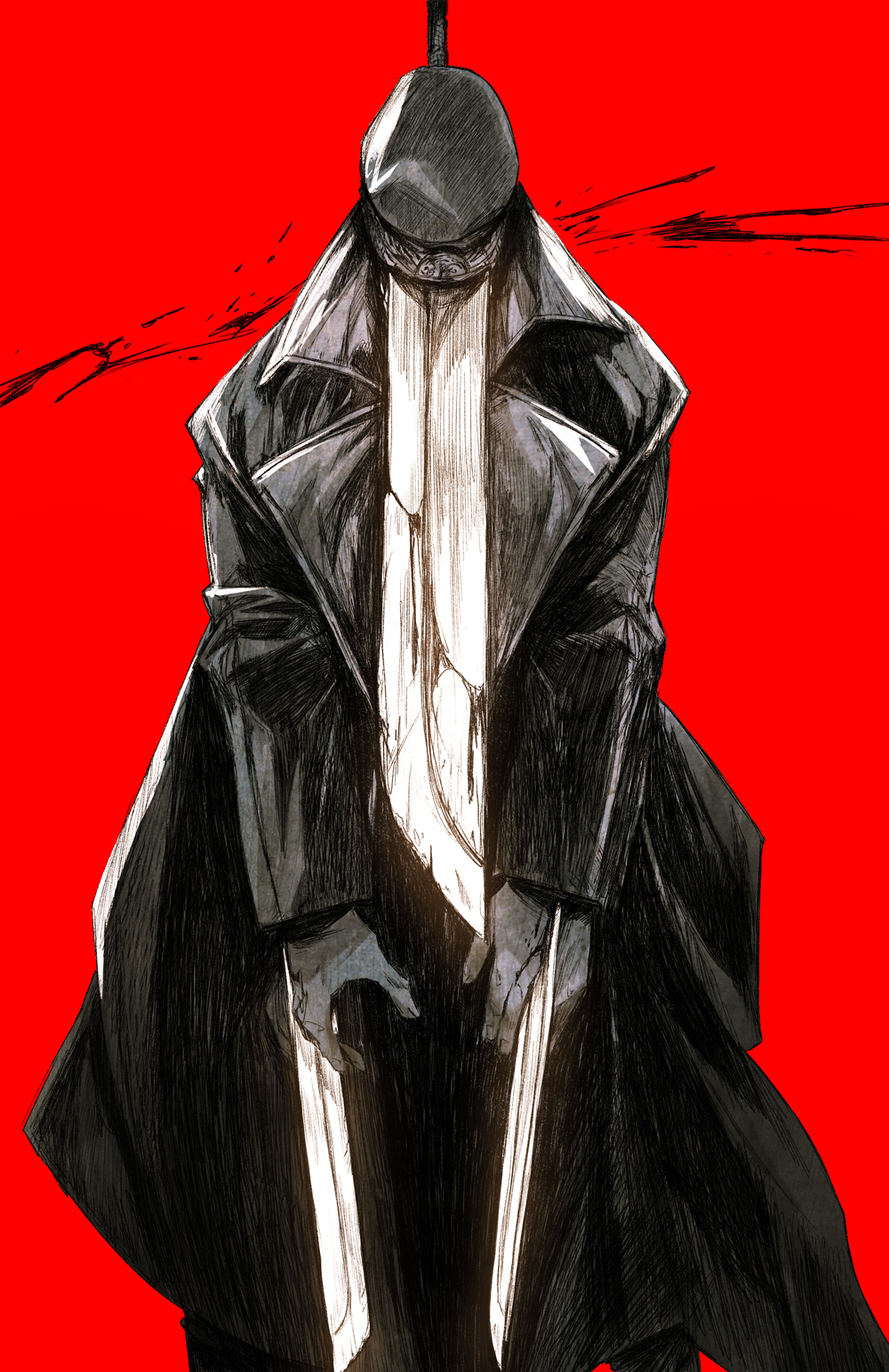 1boy black_coat black_headwear black_jacket black_pants chainsaw_man chun_lo coat covered_face english_commentary hat highres jacket katana katana_man_(chainsawman) long_coat long_sleeves looking_down pants red_background shirt simple_background sword weapon