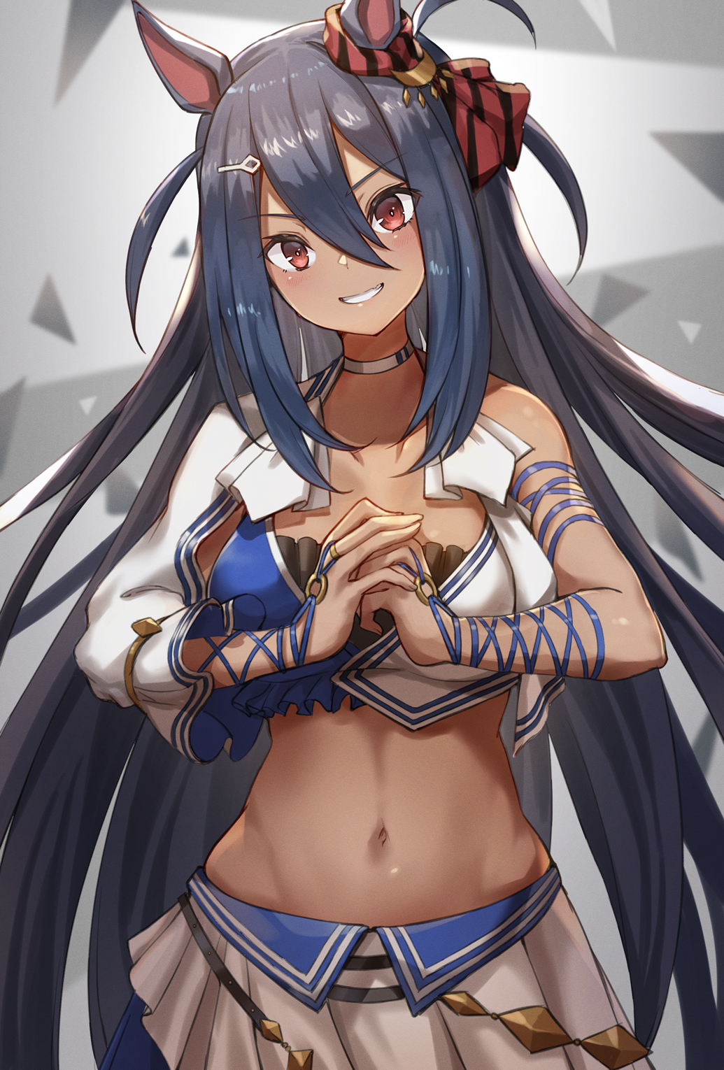 1girl animal_ears asymmetrical_clothes bare_shoulders black_hair breasts choker cracking_knuckles crop_top dark_skin grin hair_between_eyes hair_ornament hairclip highres hishi_amazon_(umamusume) horse_ears long_hair looking_at_viewer medium_breasts midriff miniskirt navel red_eyes revealing_clothes single_sleeve skirt smile solo stomach two_side_up umamusume upper_body v-shaped_eyebrows very_long_hair white_choker white_skirt yu_ni_t