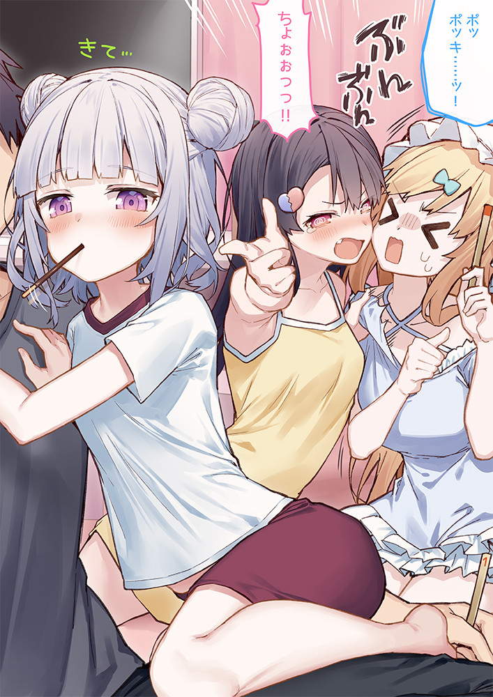 &gt;_&lt; 3girls @_@ bare_arms bare_shoulders barefoot black_hair black_pants blonde_hair blush breasts brown_shorts closed_eyes closed_mouth collarbone commentary_request criss-cross_halter double_bun dress emphasis_lines fang food_in_mouth grey_shirt gym_shirt gym_shorts gym_uniform halterneck hat long_hair medium_breasts mob_cap mouth_hold multiple_girls open_mouth original out_of_frame pants red_eyes shirt short_sleeves shorts silver_hair sleeveless sleeveless_dress sweat tears tokuno_yuika translation_request very_long_hair white_dress white_headwear white_shirt yellow_dress