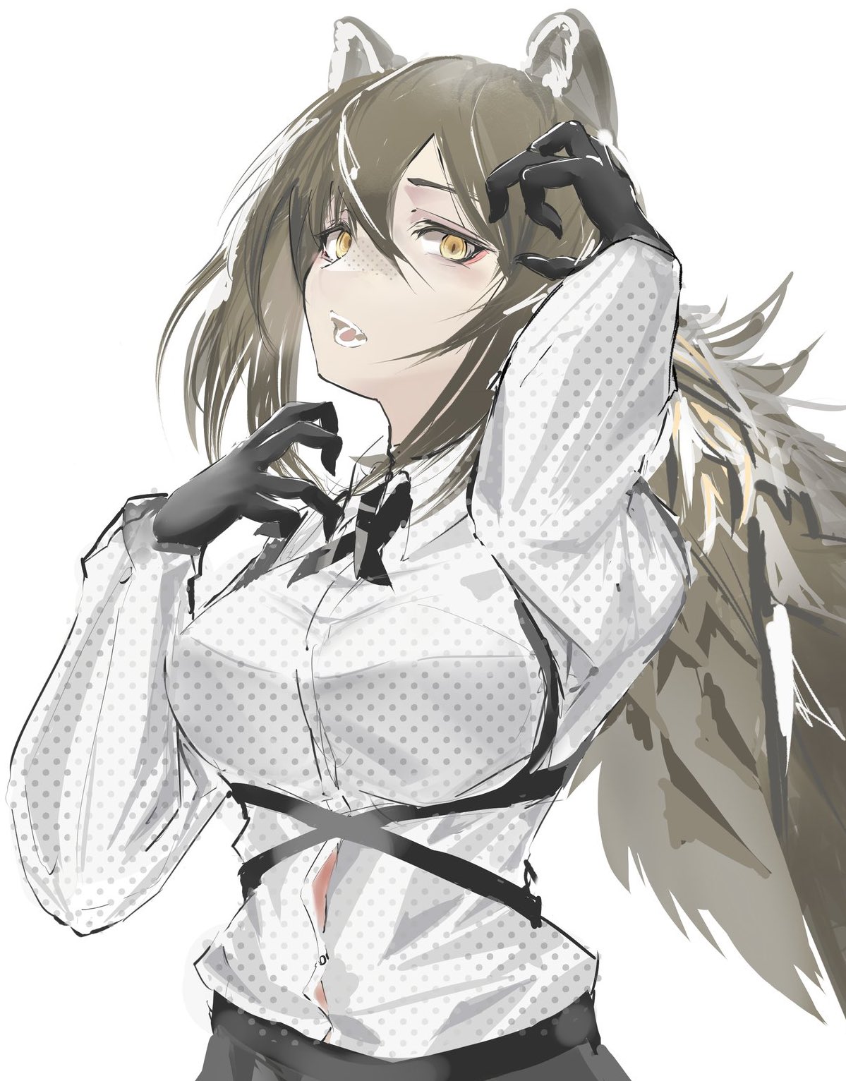 1girl animal_ears arknights black_gloves breasts brown_hair commentary_request cropped_arms cropped_torso drmaho1 eyebrows_visible_through_hair gloves hair_between_eyes highres large_breasts long_hair long_sleeves looking_at_viewer open_mouth ponytail raccoon_ears raccoon_girl robin_(arknights) shirt sketch solo teeth upper_body white_background white_shirt yellow_eyes