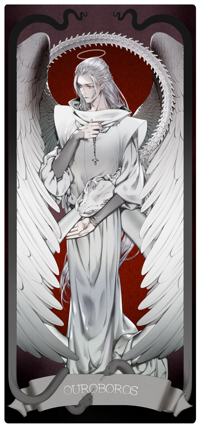 1boy angel angel_wings animal_skull bieshuohuaaiwo chinese_commentary commentary_request cross cross_necklace feathers grey_eyes halo highres jewelry long_hair looking_to_the_side lord_of_the_mysteries necklace ouroboros_(lord_of_the_mysteries) reptilian robe silver_hair skeleton snake solo tarot tarot_arcana white_robe wings