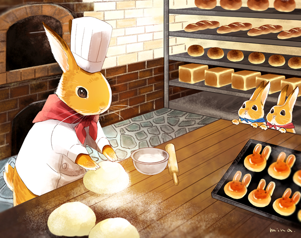 animal bakery baking bread chef_hat dough flour food hat hiyoko_(octweb) no_humans original rabbit rolling_pin scenery shop table whiskers