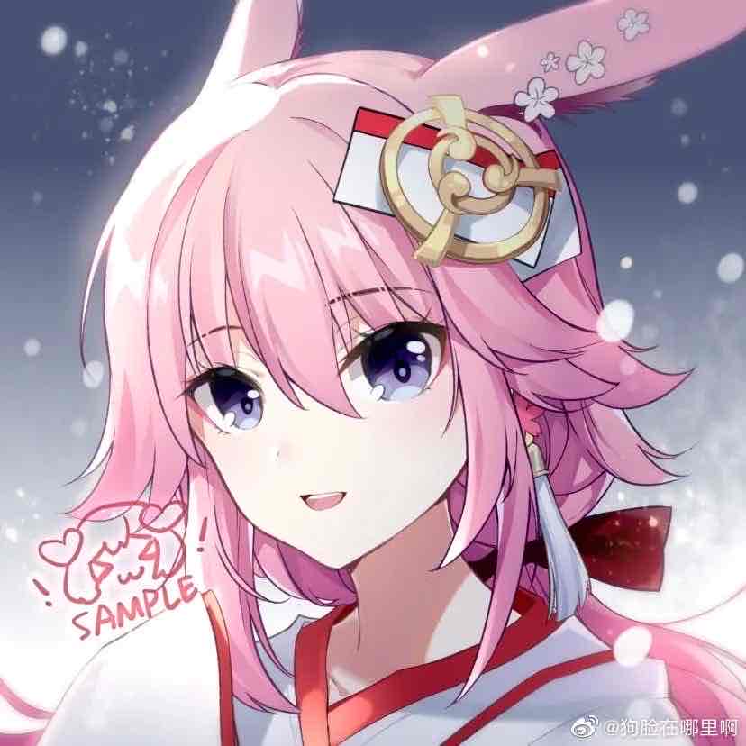 1girl animal_ears bangs fox_ears gou_lianlian_dogface hair_between_eyes hair_ornament honkai_(series) honkai_impact_3rd long_hair looking_at_viewer open_mouth pink_hair ponytail portrait sample snow snowing solo teeth violet_eyes yae_sakura yae_sakura_(gyakushinn_miko)