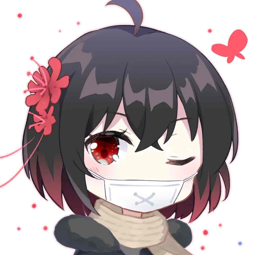 1girl antenna_hair bangs bug butterfly flower gou_lianlian_dogface hair_between_eyes hair_flower hair_ornament honkai_(series) honkai_impact_3rd insect looking_at_viewer mask mouth_mask one_eye_closed red_butterfly red_eyes red_flower redhead scarf seele_(alter_ego) seele_vollerei short_hair simple_background solo white_background