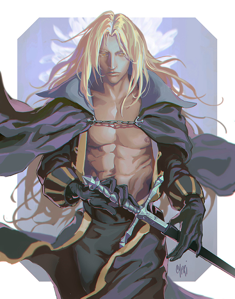 1boy abs alucard_(castlevania) bishounen blonde_hair bonnie_tang cape castlevania castlevania:_symphony_of_the_night castlevania_iii:_dracula's_curse gloves long_hair looking_at_viewer male_focus muscular silver_hair simple_background solo sword weapon