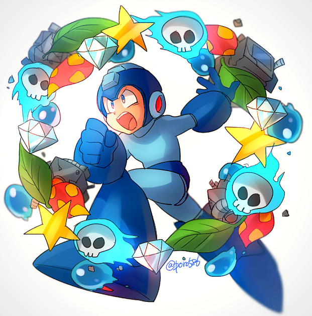 1boy :o artist_name blue_footwear clenched_hand diamond_(gemstone) flaming_skull full_body helmet junk leaf mega_man_(character) mega_man_(series) poroi_(poro586) robot running shouting solo star_(symbol) white_background