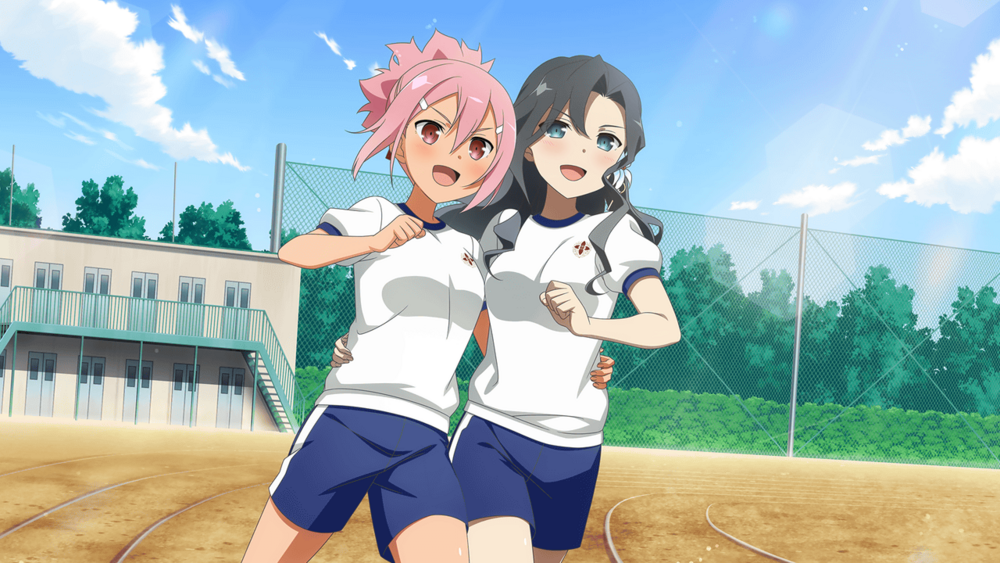 2girls akamine_yuuna bangs black_hair blue_eyes blush breasts eyebrows_visible_through_hair fence flower game_cg gym_shirt gym_shorts gym_uniform hair_between_eyes hair_flower hair_ornament hair_ribbon hairclip miroku_renge multiple_girls official_art open_mouth pink_eyes pink_hair ponytail ribbon running running_track school shirt short_hair short_ponytail shorts smile tan thighs yuuki_yuuna_wa_yuusha_de_aru:_hanayui_no_kirameki