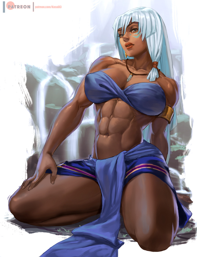 1girl abs aqua_hair armlet atlantis:_the_lost_empire bandeau bare_shoulders blue_bandana blue_eyes blue_skirt breasts brown_lips covered_nipples dark-skinned_female dark_skin earrings fingernails full_body half-closed_eyes jewelry kidagakash large_breasts loincloth long_hair looking_at_viewer midriff muscular muscular_female navel necklace nose pendant pinup_(style) rejean_dubois seiza sitting skirt solo straight_hair thick_thighs thighs water waterfall