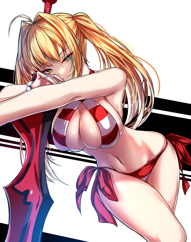 1girl akeyama_kitsune bikini bracelet breasts fate/grand_order fate_(series) green_eyes hair_intakes half-closed_eyes halterneck jewelry large_breasts leaning_forward long_hair looking_at_viewer navel nero_claudius_(fate) nero_claudius_(fate)_(all) skindentation smile solo swimsuit sword twintails weapon