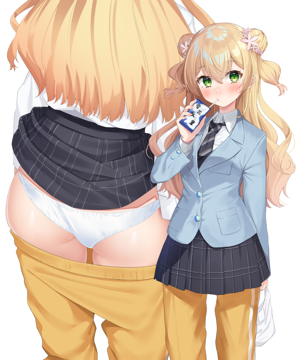 1girl ass black_neckwear blonde_hair blue_jacket collared_shirt double_bun drinking eyebrows_visible_through_hair green_hair hair_between_eyes highres hololive jacket k_mugura long_hair looking_to_the_side milk_carton momosuzu_nene multiple_views necktie panties pants pants_under_skirt school_uniform shirt track_pants underwear white_panties yellow_pants