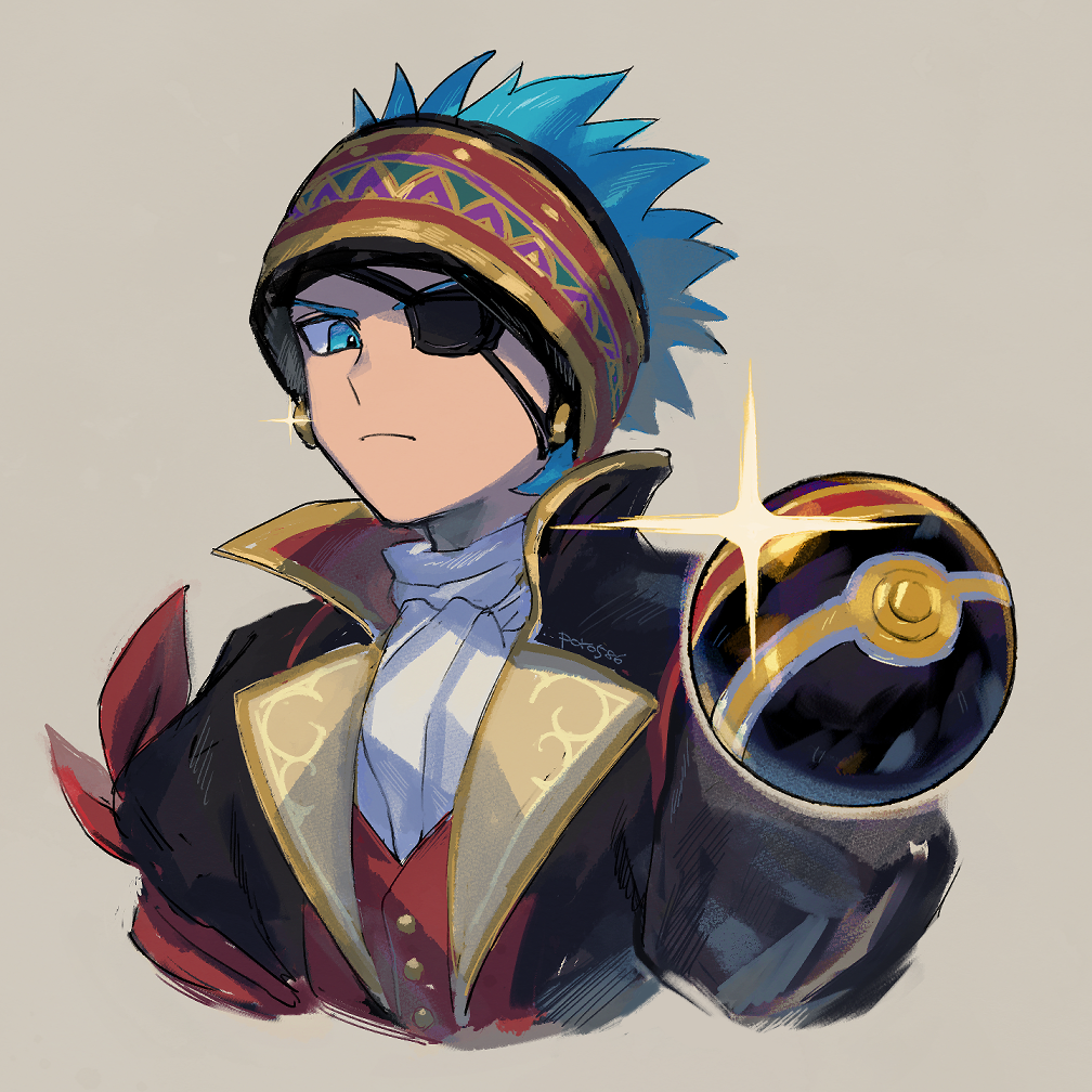 1boy artist_name blue_eyes blue_hair camus_(dq11) dragon_quest dragon_quest_xi eyepatch frown glint gold_trim headband luxury_ball poke_ball poroi_(poro586) solo spiky_hair upper_body