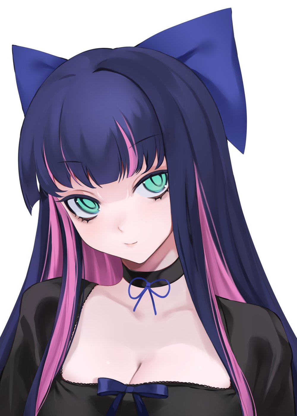 1girl bangs black_dress blue_bow bow breasts choker dark_blue_hair dress eyebrows_visible_through_hair green_eyes hair_bow highres multicolored_hair ompf panty_&amp;_stocking_with_garterbelt pink_hair simple_background smile solo stocking_(psg) string_bowtie two-tone_hair upper_body white_background