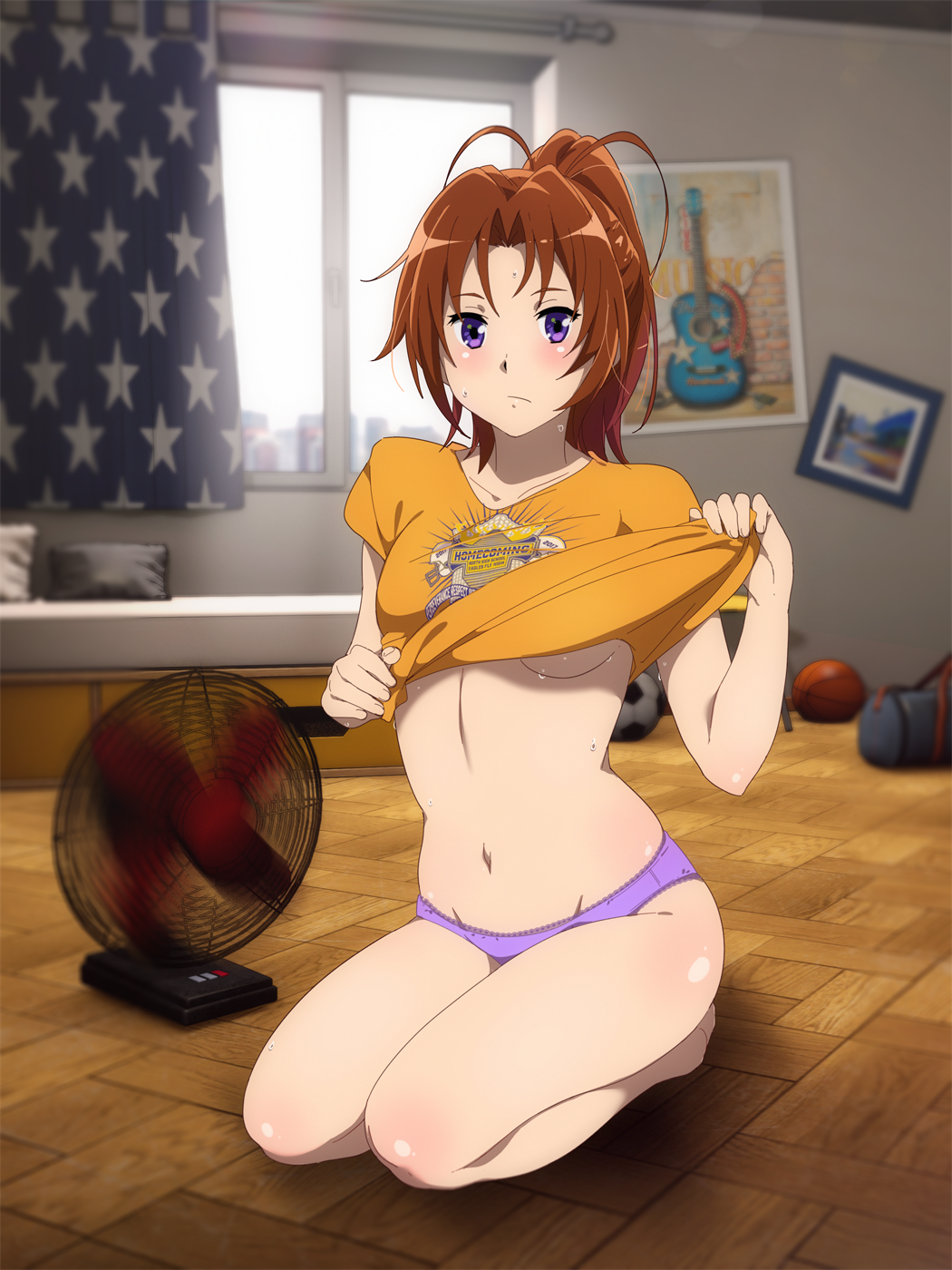 1girl ahoge bag ball bangs basket breasts brown_hair clothes_lift couch curtains cushion day duffel_bag fan guitar hibike!_euphonium highres instrument kneeling nakagawa_natsuki navel panties picture_frame ponytail poster_(object) purple_panties sbel02 seiza shirt shirt_lift sitting soccer_ball solo star_(symbol) star_print sweat under_boob underwear undressing violet_eyes window yellow_shirt