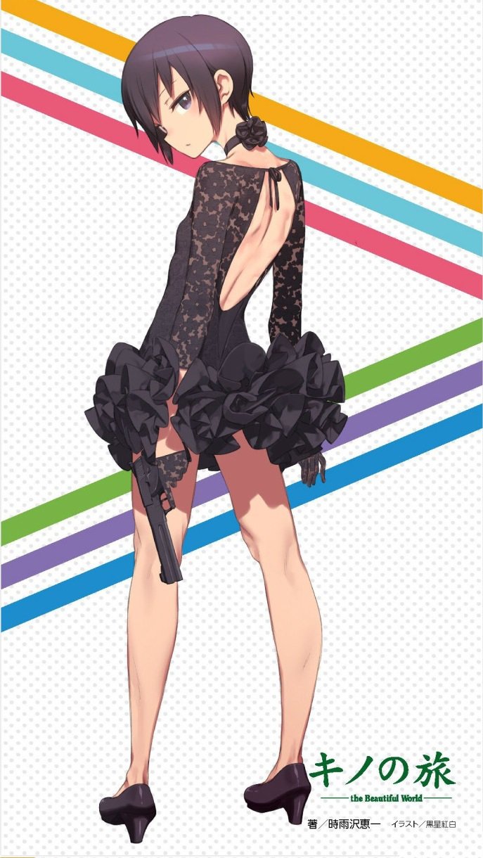 1girl alternate_costume androgynous artist_name back backless_outfit bangs black_choker black_eyes black_footwear black_gloves black_hair black_leotard breasts choker commentary copyright_name expressionless frilled_skirt frills from_behind gloves gun handgun highres holding holding_gun holding_weapon kino_(kino_no_tabi) kino_no_tabi kuroboshi_kouhaku lace lace_gloves lace_sleeves leotard looking_at_viewer looking_back official_art pistol polka_dot polka_dot_background promotional_art pumps scan short_hair sidelocks skirt small_breasts solo spanish_commentary striped tutu weapon white_background