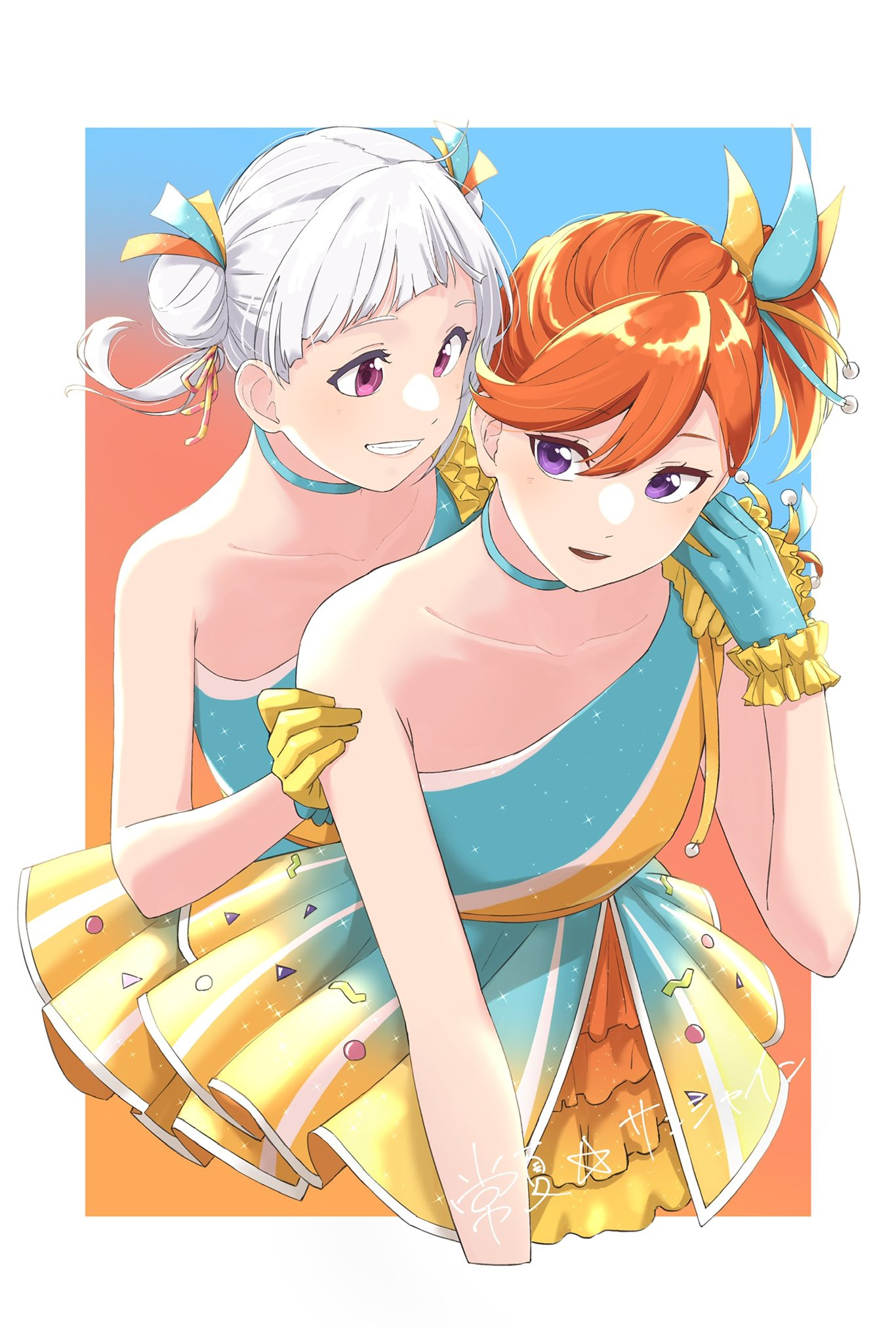 2girls aqua_choker aqua_dress aqua_gloves arashi_chisato collarbone commentary_request cropped_torso double_bun dress frilled_dress frills gloves hair_bun highres holding_another's_arm looking_at_another love_live! love_live!_superstar!! multicolored_clothes multicolored_dress multiple_girls orange_hair parted_lips ponytail red_eyes s_sho_mkrn shibuya_kanon single_bare_shoulder smile tokonatsu_sunshine upper_body violet_eyes white_hair yellow_gloves