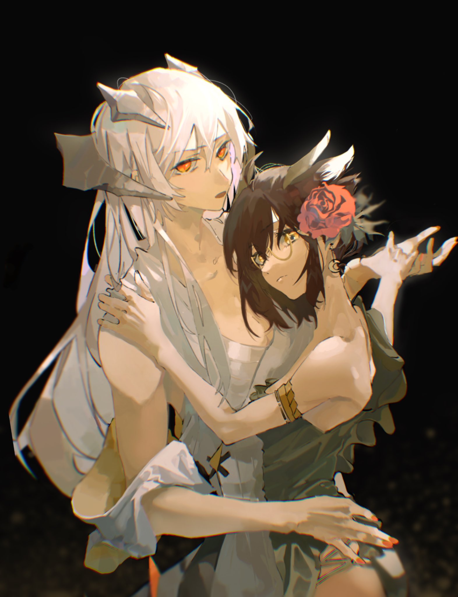 2girls 91gl4scqwezvyrm alternate_costume arknights black_background breasts brown_hair closed_mouth commentary cowboy_shot crescent crescent_earrings dancing dragon_horns dress earrings eyebrows_visible_through_hair feather_hair flower from_side glasses green_dress grey_dress hair_flower hair_ornament highres holding_hands horns jewelry long_hair looking_at_viewer medium_breasts multiple_girls nail_polish open_mouth orange_eyes orange_nails rose saria_(arknights) short_hair side_slit silence_(arknights) silver_hair simple_background sleeveless sleeveless_dress yellow-framed_eyewear yellow_eyes yuri