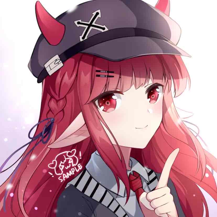 1girl arknights black_headwear braid closed_mouth gou_lianlian_dogface horns index_finger_raised looking_at_viewer necktie pointy_ears portrait red_eyes redhead sample smile snow snowing solo vigna_(arknights)