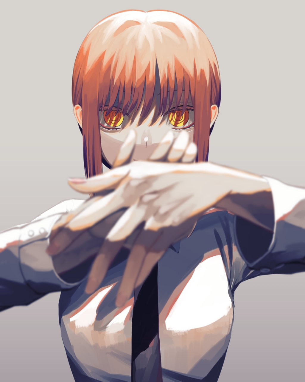 1girl bangs black_neckwear blurry blurry_foreground braid breasts chainsaw_man collared_shirt commentary_request covered_mouth eyes_in_shadow grey_background hands highres long_sleeves looking_at_viewer makima_(chainsaw_man) medium_breasts medium_hair mifunya_21 necktie redhead ringed_eyes shirt sidelocks simple_background smile solo yellow_eyes