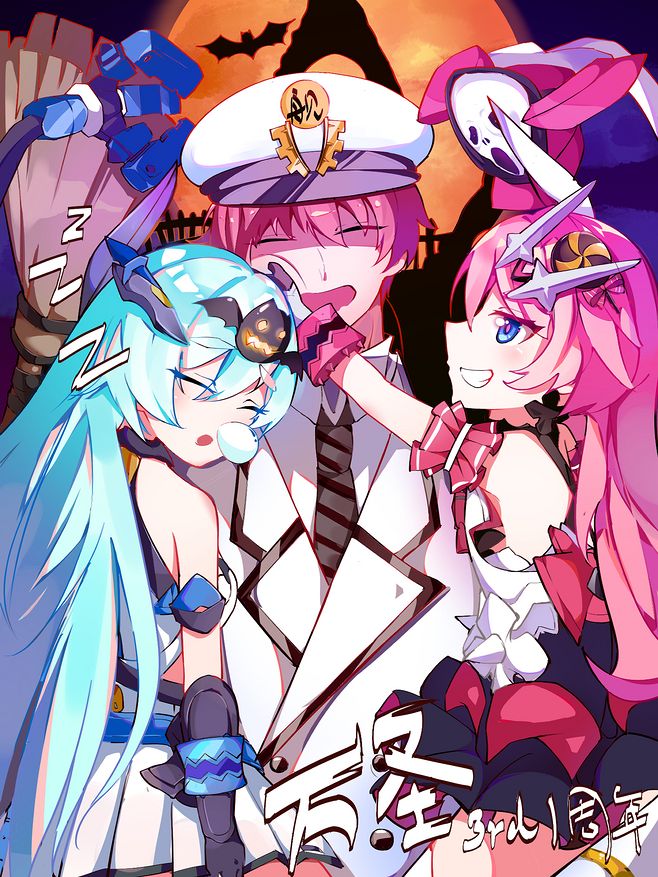 1boy 2girls bangs bare_shoulders bat blue_eyes blue_hair broom closed_eyes grin guaili_shu hair_between_eyes hair_ornament halloween hand_on_own_face hat honkai_(series) honkai_impact_3rd liliya_olenyeva long_hair military military_hat military_uniform moon multiple_girls necktie night night_sky nose_bubble open_mouth orange_moon outdoors pink_hair rozaliya_olenyeva sky sleeping smile tail uniform