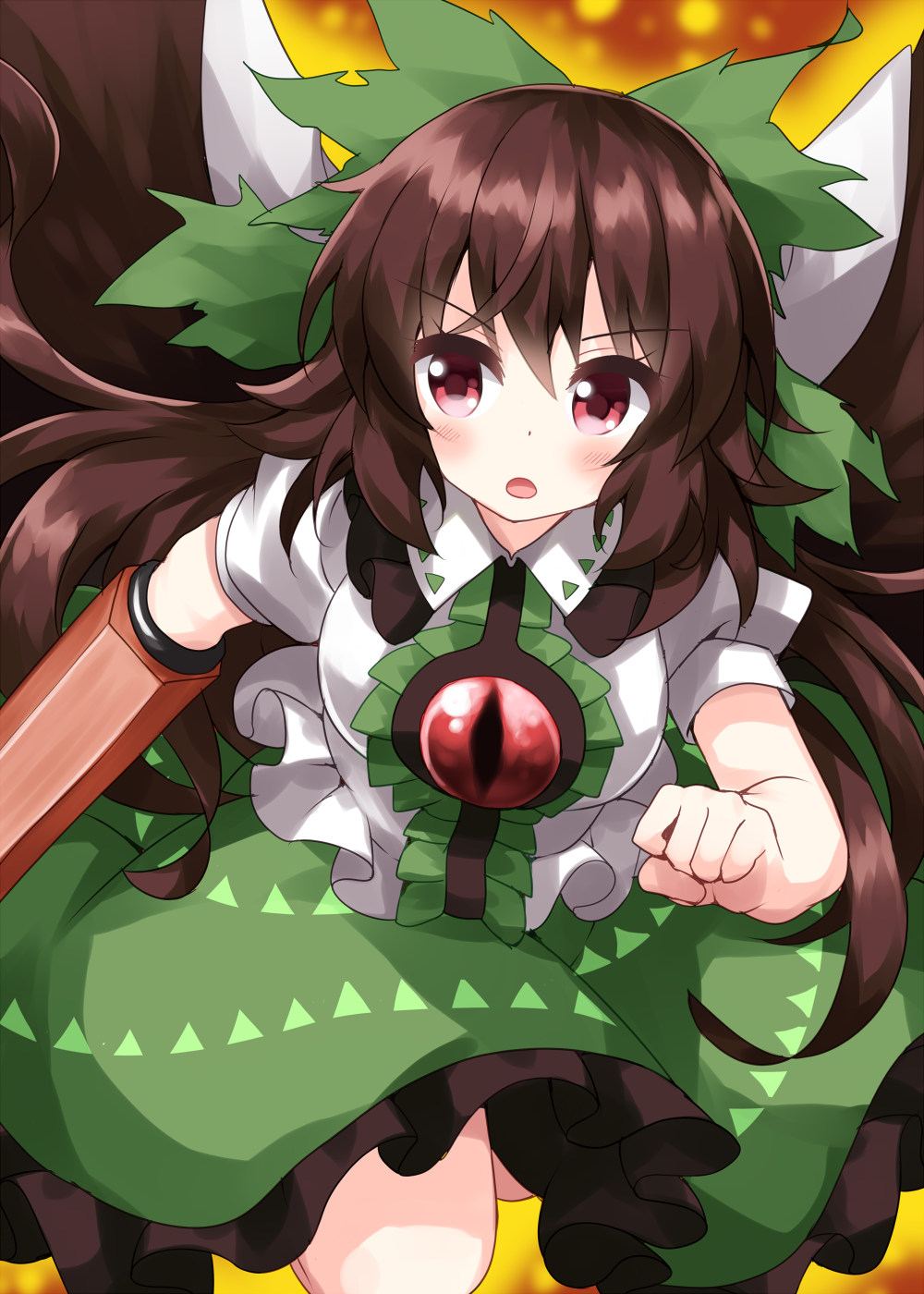 1girl arm_cannon bangs bird_wings black_wings bow brown_hair cape center_frills eyebrows_visible_through_hair frills green_bow green_skirt hair_bow highres long_hair looking_to_the_side open_mouth puffy_short_sleeves puffy_sleeves reiuji_utsuho ruu_(tksymkw) shirt short_sleeves skirt solo third_eye touhou triangle_print v-shaped_eyebrows weapon white_cape white_shirt wings