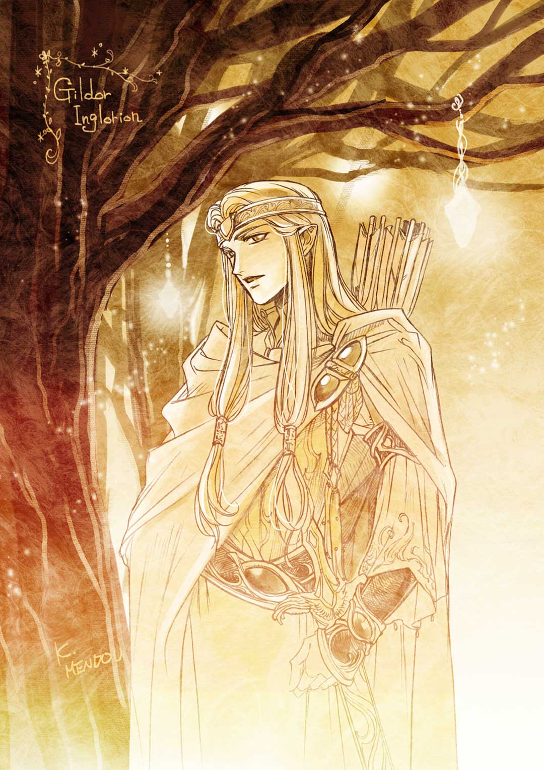 1boy arrow_(projectile) belt bracer cape character_name gildor hair_tubes highres kazuki-mendou legendarium looking_at_viewer male_focus monochrome one-hour_drawing_challenge parted_lips pointy_ears quiver robe signature smile solo the_lord_of_the_rings tree yellow_theme
