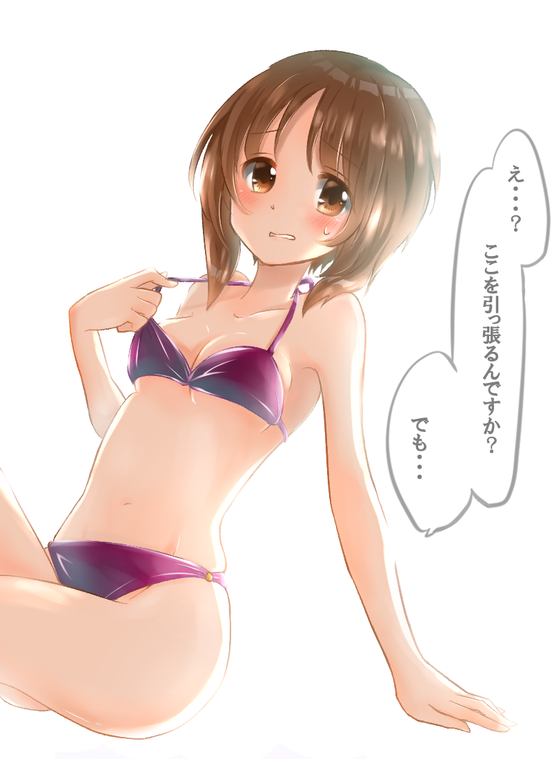 1girl adjusting_clothes adjusting_swimsuit bangs bikini breasts brown_eyes brown_hair commentary_request dutch_angle eyebrows_visible_through_hair frown girls_und_panzer grimace halterneck invisible_chair looking_at_viewer medium_breasts navel nishizumi_miho o-ring o-ring_bikini pulled_by_self purple_bikini rurikoke short_hair simple_background sitting skindentation solo sweatdrop swimsuit translated white_background