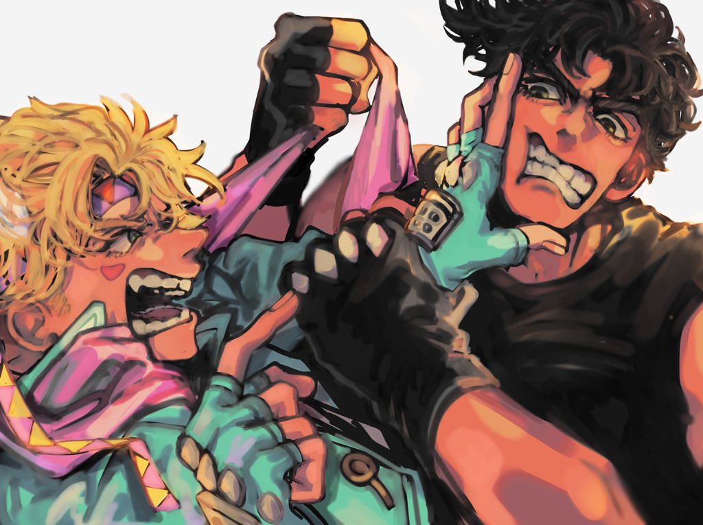 2boys battle_tendency black_gloves blonde_hair blue_gloves brown_hair caesar_anthonio_zeppeli clenched_teeth clothes_grab commentary_request facial_mark fangs feather_hair_ornament feathers fighting fingerless_gloves furrowed_brow gloves hair_ornament hand_on_another's_face headband jojo_no_kimyou_na_bouken joseph_joestar kasyuna1225 male_focus multiple_boys open_mouth pink_scarf pointing pointing_at_another pushing_away pushing_face scarf short_hair teeth triangle_print wrist_grab