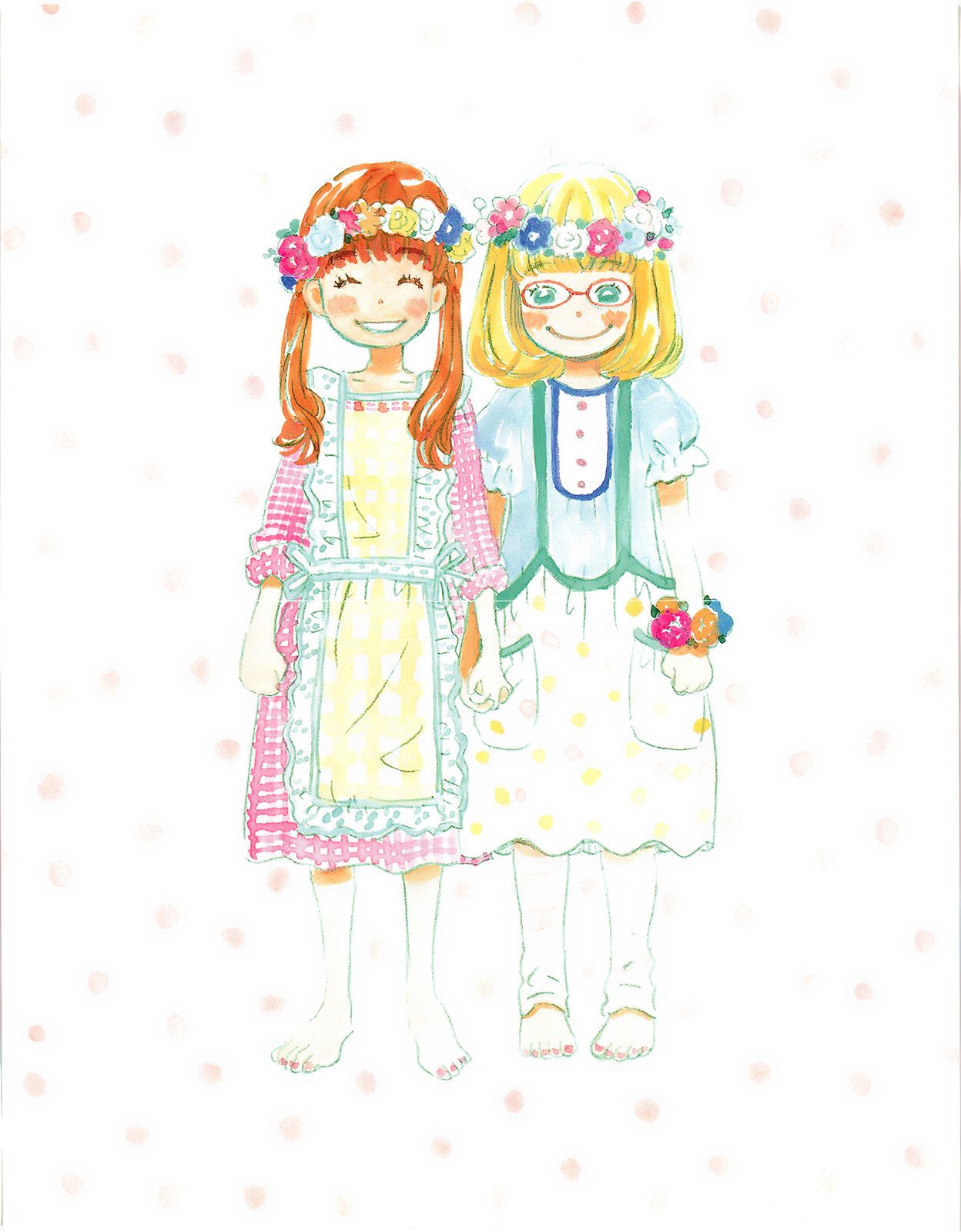 2girls apron aqua_flower aqua_rose arms_at_sides bangs barefoot blonde_hair blue_dress blue_flower blunt_bangs blush_stickers bob_cut brown_hair buttons clenched_hand collarbone colorful dot_nose dress eyebrows_visible_through_hair facing_viewer flat_chest flower frilled_apron frilled_sleeves frills full_body glasses green_eyes happy head_wreath highres holding_hands interlocked_fingers kawamoto_hinata leaf leggings long_sleeves looking_at_viewer multiple_girls orange_flower orange_rose pastel_colors pink_dress pink_flower pink_rose plaid plaid_apron plaid_dress polka_dot polka_dot_background puffy_short_sleeves puffy_sleeves red-framed_eyewear rose sakura_chiho sangatsu_no_lion short_sleeves side-by-side simple_background skirt smile standing suspender_skirt suspenders toenails twintails umino_chika white_background white_flower white_rose wrist_flower yellow_flower yellow_rose