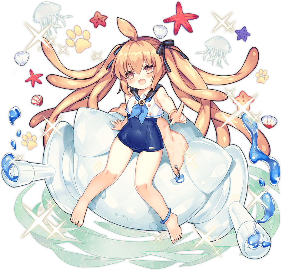 1girl :3 ahoge anklet ao_jun ark_order bare_legs black_sailor_collar blonde_hair blue_neckwear bracelet crop_top feet golden_slime_(ark_order) jellyfish jewelry neckerchief official_art one-piece_swimsuit paw_print pointing pointing_at_viewer sailor_collar school_swimsuit shell shirt sleeveless sleeveless_shirt solo sparkle starfish swimsuit swimsuit_under_clothes tachi-e tentacle_hair towel twintails water white_shirt yellow_eyes