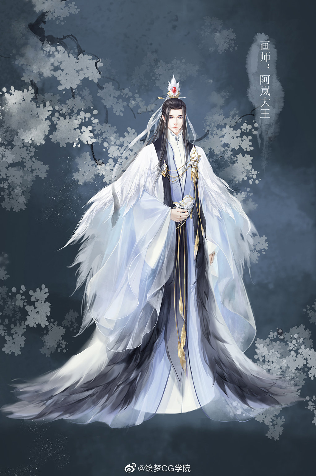 1boy artist_request bishounen black_background black_eyes black_hair branch check_copyright cherry_blossoms chinese_clothes chinese_commentary chinese_hairpin chinese_text closed_mouth commentary_request copyright_request crown expressionless flower full_body hanfu highres holding lapels layered_sleeves long_hair long_sleeves looking_at_viewer male_focus original robe second-party_source simple_background solo speech_bubble thick_eyebrows translation_request white_flower white_headwear white_robe white_sleeves wide_sleeves