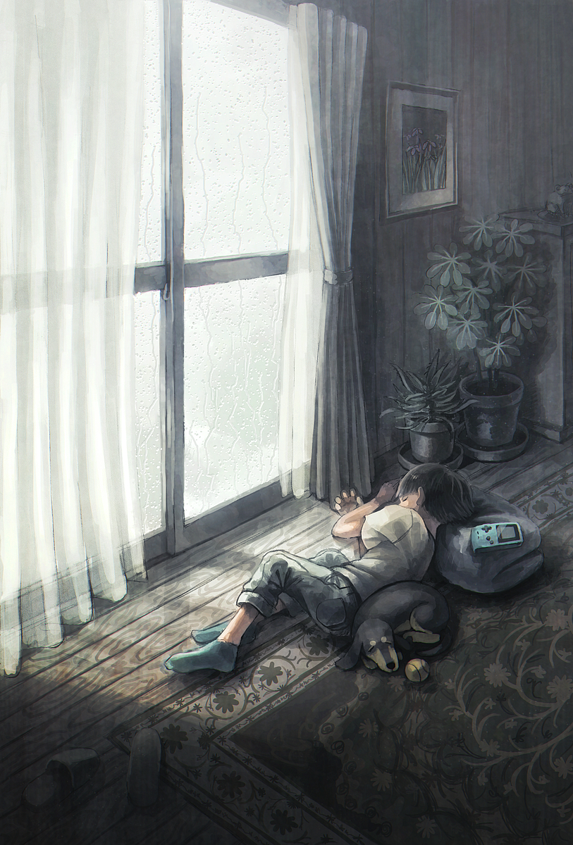 1boy aqua_legwear bangs black_hair black_pants closed_eyes curtains dog game_boy handheld_game_console highres leaf lying on_side original pants plant potted_plant profile rug sasakure_(mogunonbi) shirt short_hair short_sleeves socks solo water white_shirt wide_shot window wooden_floor