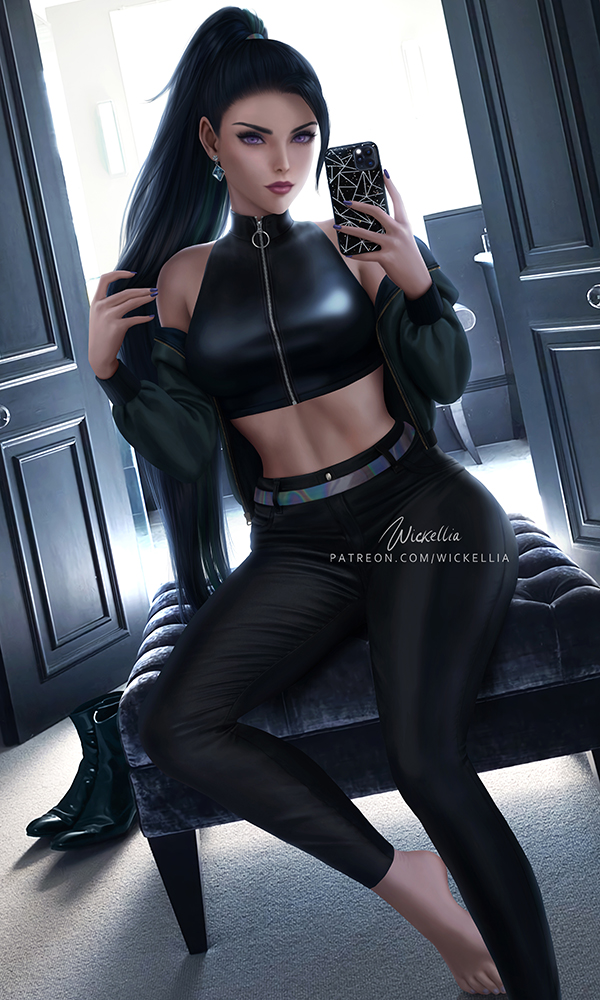 abs ass bangs barefoot bench black_hair black_pants black_top boots_removed breasts carpet cellphone crop_top crystal door earrings feet hairband holding holding_phone holographic_belt holographic_clothing jacket jacket_partially_removed jewelry k/da_(league_of_legends) kai'sa league_of_legends leather leather_pants no_shoes pants phone photo_background ponytail purple_nails selfie shoes_removed sitting smartphone stomach taking_picture the_baddest_kai'sa tight tight_pants violet_eyes wickellia zipper