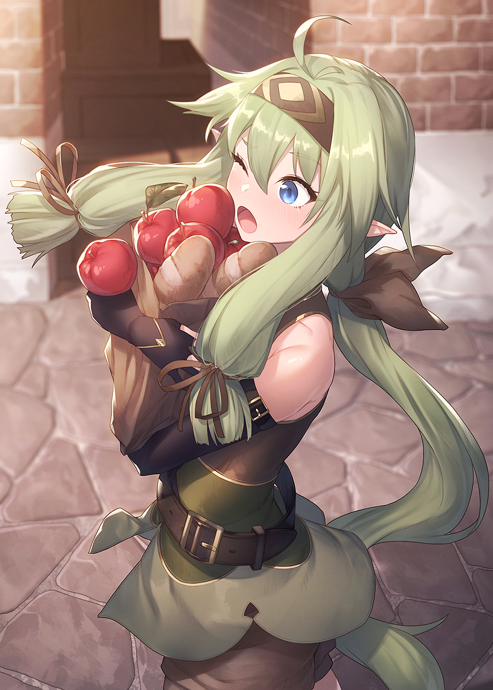 1girl ;o ahoge apple bag bangs bare_shoulders belt black_gloves black_ribbon black_shorts blue_eyes blurry blurry_background bread commentary_request day elbow_gloves elf eyebrows_visible_through_hair fingerless_gloves food fruit gloves green_hair hair_between_eyes hair_ribbon hairband highres ibuki_notsu long_hair low_ponytail one_eye_closed original outdoors paper_bag pointy_ears ribbon road rure_(ibuki_notsu) shorts sidelocks sleeveless solo street wince