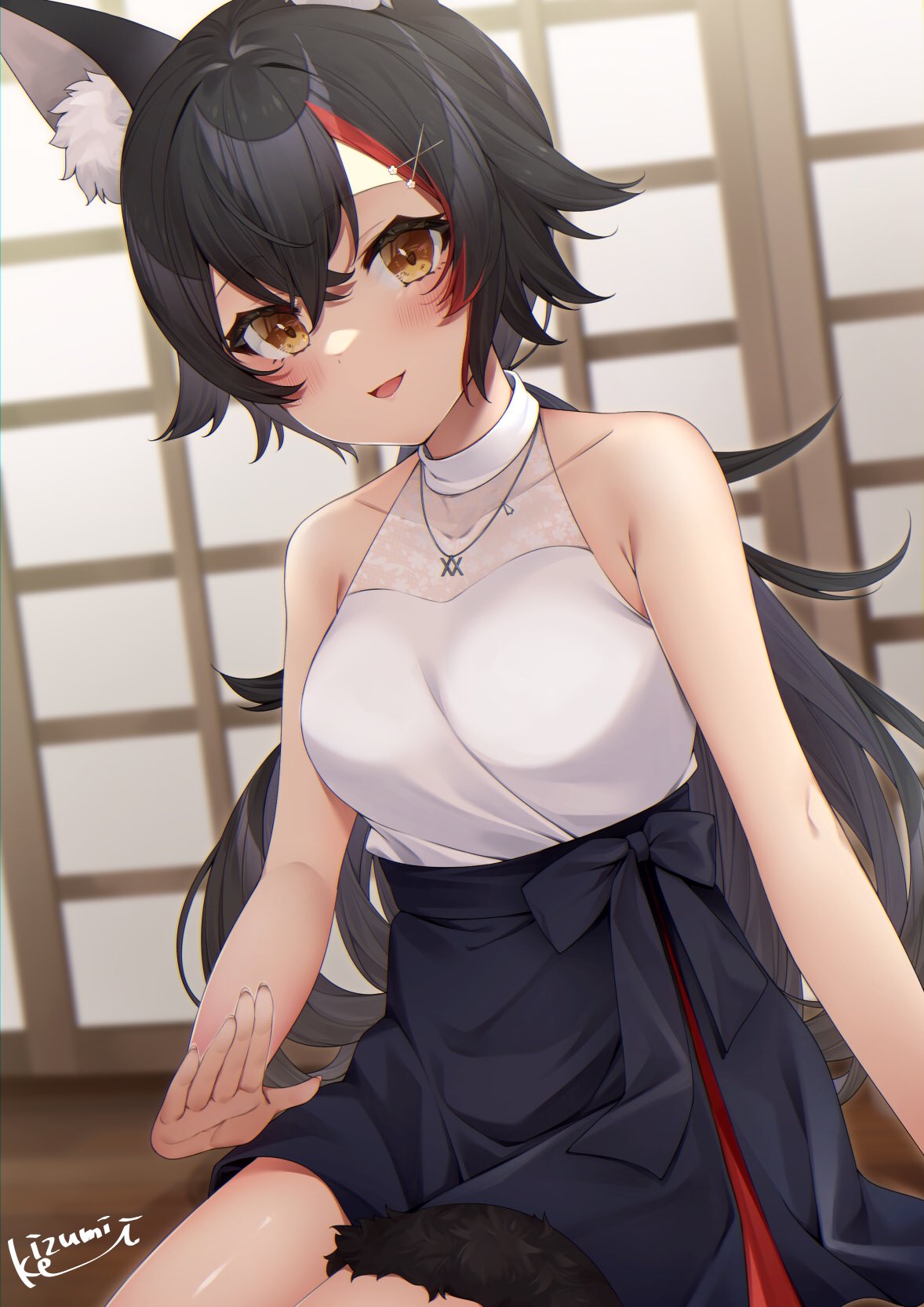 1girl animal_ear_fluff animal_ears bangs black_hair blush bow collarbone eyebrows_visible_through_hair fingernails flipped_hair hair_between_eyes hair_ornament hairclip highres hololive izumi_kei jewelry lap_pillow_invitation long_fingernails long_hair looking_at_viewer multicolored_hair necklace official_alternate_costume ookami_mio open_mouth ponytail redhead shirt shirt_tucked_in sidelocks signature sitting skirt sleeveless smile solo streaked_hair tail tail_around_leg tail_wrap very_long_hair virtual_youtuber wolf_ears wolf_girl wolf_tail yellow_eyes