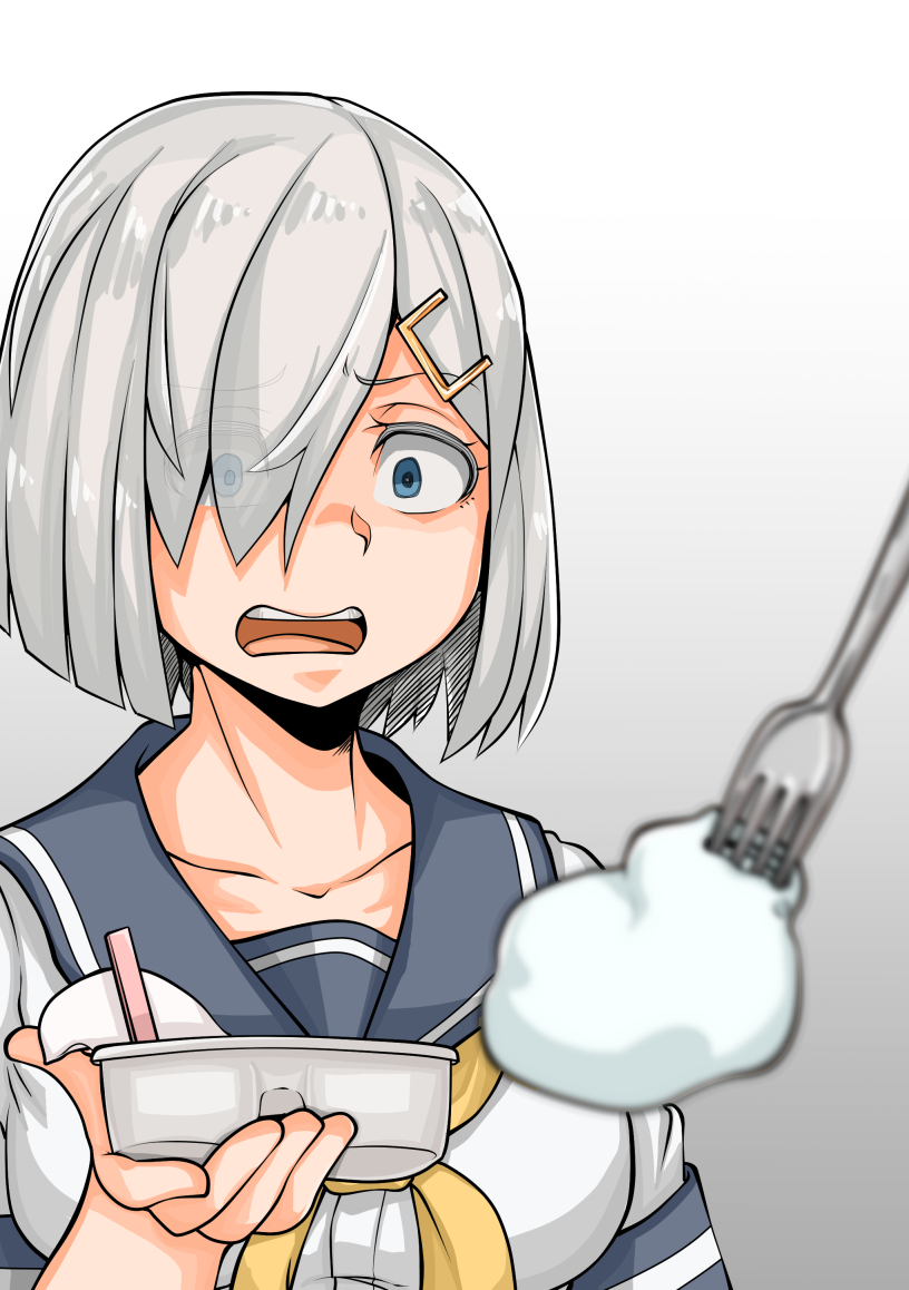 1girl blue_eyes blurry breasts commentary_request depth_of_field food fork gradient gradient_background grey_background grey_sailor_collar hair_ornament hair_over_one_eye hairclip hamakaze_(kancolle) kantai_collection large_breasts open_mouth sailor_collar school_uniform serafuku short_hair silver_hair solo surprised takasugi_heppu upper_body upper_teeth yellow_neckwear