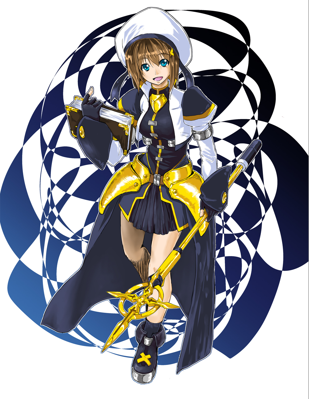 1girl armor armored_dress black_gloves blue_eyes blue_ribbon blue_skirt boots breasts brown_hair cropped_jacket fingerless_gloves gloves hair_ornament hat highres looking_at_viewer lyrical_nanoha magical_girl mahou_shoujo_lyrical_nanoha mahou_shoujo_lyrical_nanoha_strikers medium_breasts pleated_skirt ribbon short_hair skirt smile solo sougetsu_izuki waist_cape white_background x_hair_ornament yagami_hayate