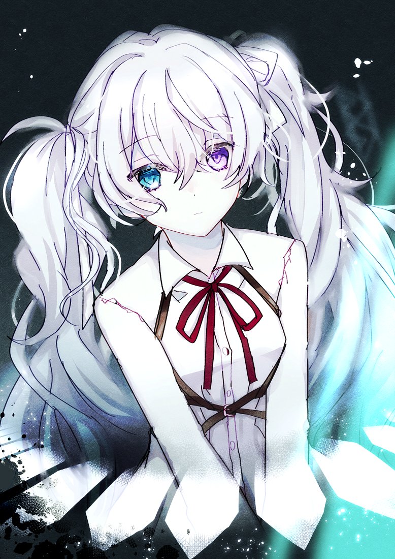 1girl aqua_eyes black_background chest_harness colored_skin expressionless grey_hair harness hatsune_miku heterochromia long_hair looking_at_viewer neck_ribbon project_sekai purple_hair red_ribbon ribbon shirt solo twintails upper_body very_long_hair vocaloid white_shirt white_skin yukara_(loiroio)