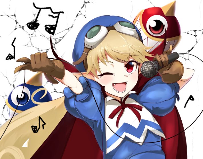 13-gou 1girl apron blonde_hair blue_headwear bow brown_bag cape curly_hair dress fangs gloves goggles goggles_on_head hat long_hair looking_at_viewer marivel_armitage microphone one_eye_closed open_mouth pointy_ears red_eyes ribbon smile vampire wild_arms wild_arms_2