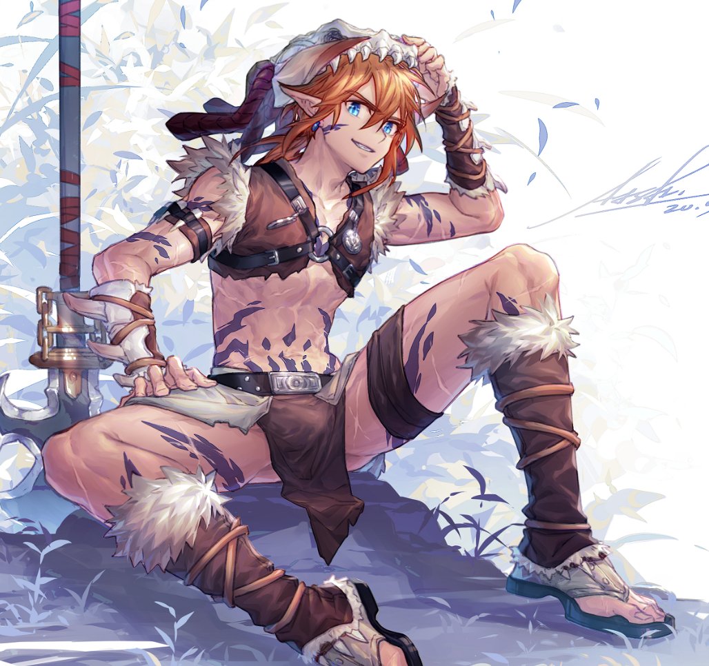 1boy arsh_(thestarwish) bangs barbarian_set_(zelda) bare_shoulders belt black_belt blonde_hair blue_eyes boots bulge commentary_request earrings fur_trim gloves grin hair_between_eyes hand_up helmet jewelry link looking_at_viewer male_focus navel o-ring official_alternate_costume outdoors pointy_ears sitting skull_on_head smile solo tattoo teeth the_legend_of_zelda the_legend_of_zelda:_breath_of_the_wild weapon