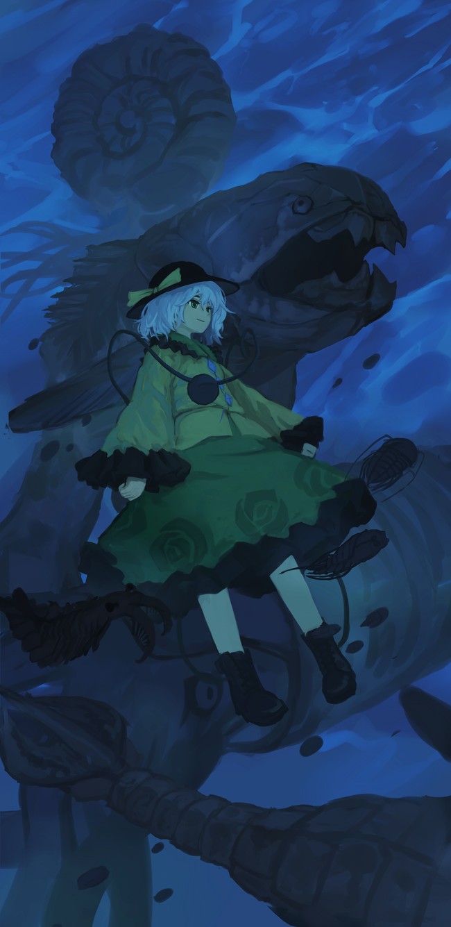 1girl bangs black_footwear black_headwear blouse boots bow closed_mouth creature_request dark eyeball flat_chest floral_print frilled_shirt_collar frills full_body green_eyes green_skirt hat hat_bow highres komeiji_koishi long_sleeves looking_ahead sea_monster short_hair silver_hair skirt smile solo third_eye touhou trilobite underwater wide_sleeves xii_yashizhongzhan yellow_blouse yellow_bow