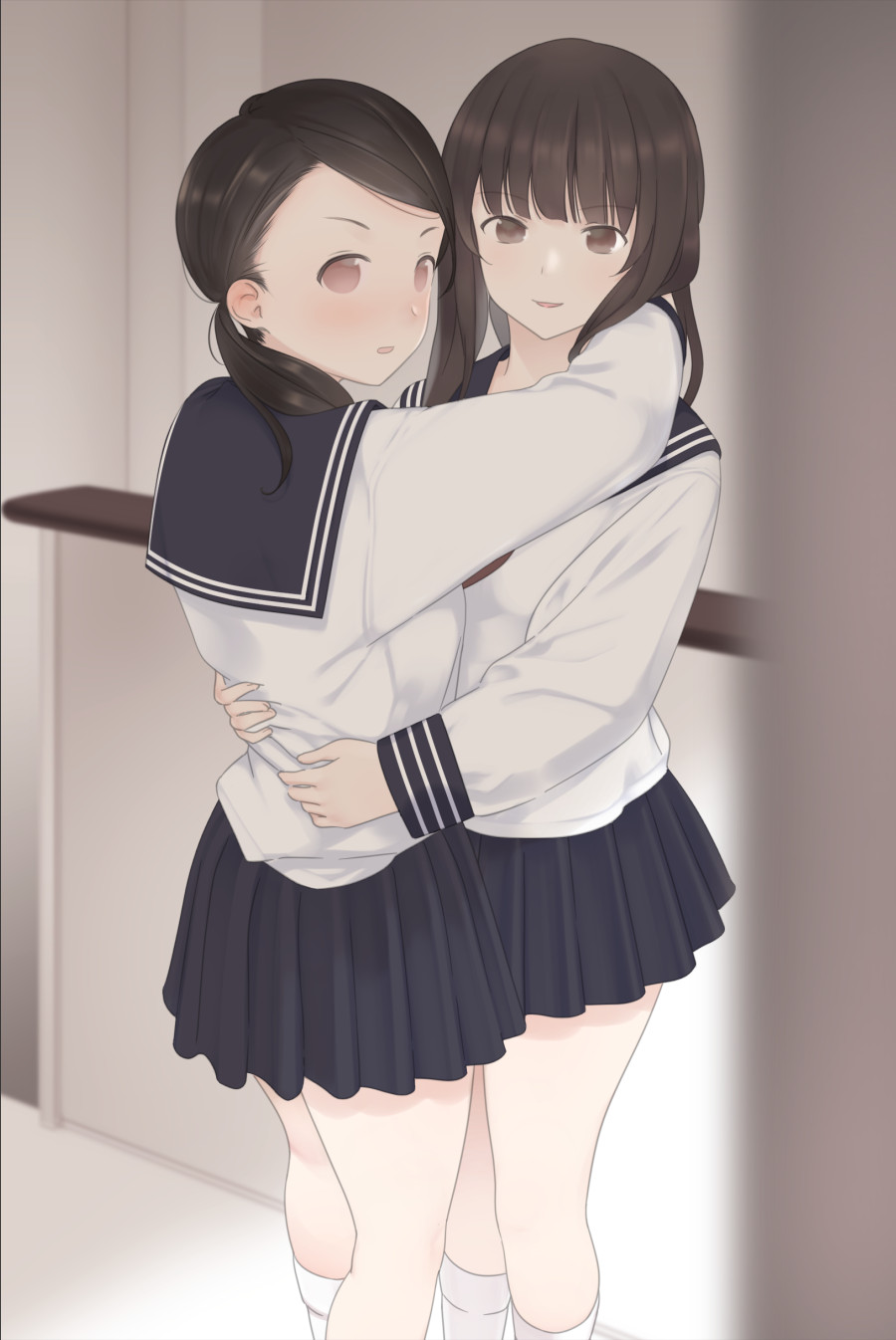 2girls arms_around_neck black_sailor_collar black_skirt blouse blurry blurry_foreground brown_hair commentary_request eyebrows_visible_through_hair feet_out_of_frame hands_on_another's_waist haru_nagoya highres hug indoors long_hair long_sleeves looking_at_viewer multiple_girls no_pupils original parted_lips pleated_skirt ponytail sailor_collar school_uniform serafuku skirt smile socks standing white_blouse white_legwear yuri