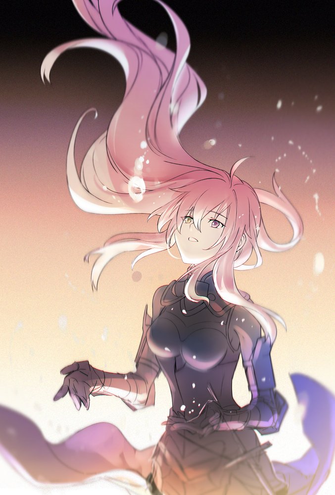 1girl ahoge aki_(neyuki41028) alternate_hair_length alternate_hairstyle armor bangs bare_shoulders black_armor boobplate breasts cape commentary_request eyebrows_visible_through_hair fate/grand_order fate_(series) floating_hair gauntlets hair_between_eyes heterochromia long_hair looking_up mash_kyrielight medium_breasts open_mouth parted_lips pink_hair purple_cape sheath sheathed solo sword teeth very_long_hair violet_eyes weapon yellow_eyes