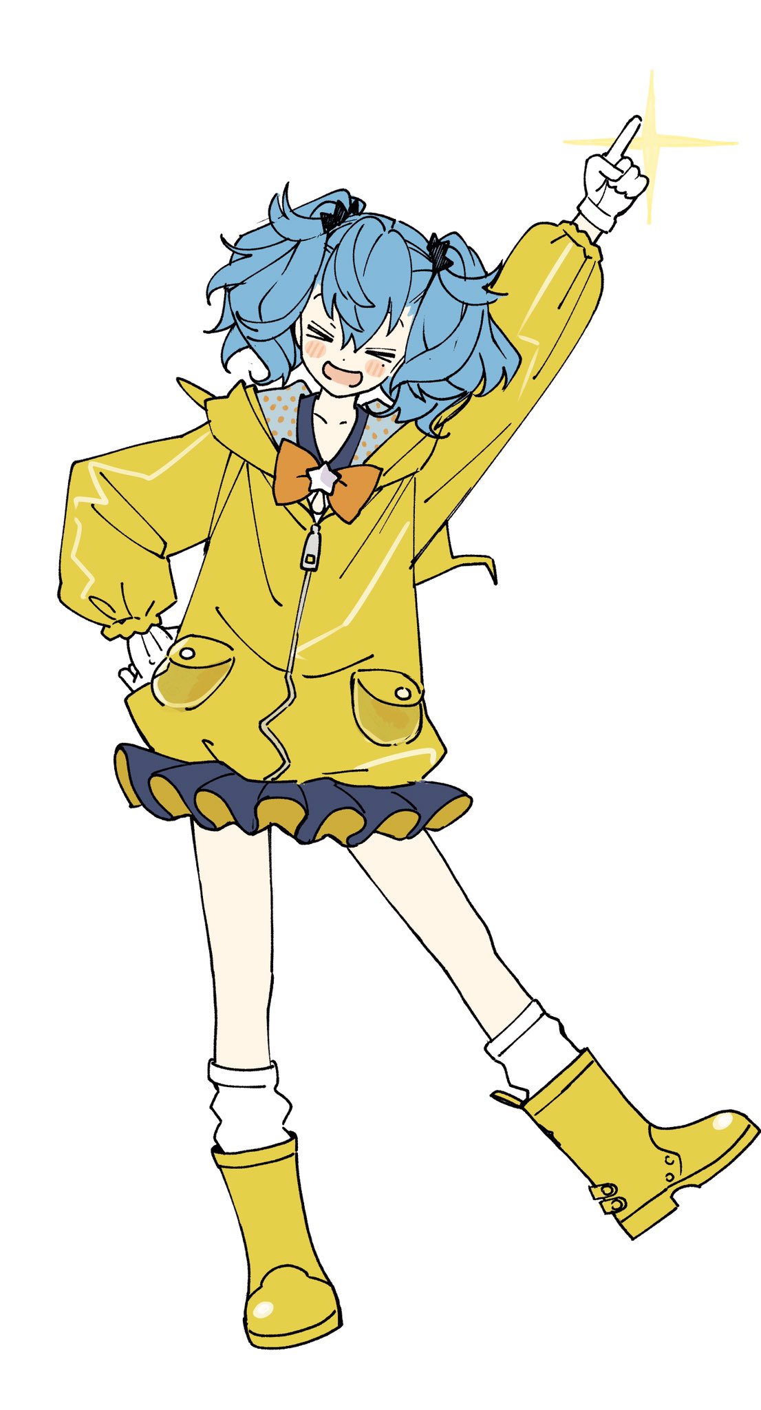 &gt;_&lt; 1girl arm_up bangs blue_hair blue_skirt blush boots bow closed_eyes coat collarbone commentary_request disconnected_mouth full_body gloves hair_between_eyes hand_on_hip highres hooded_coat long_hair long_sleeves mole mole_under_eye ningiyau open_mouth orange_bow original pointing pointing_up raincoat rubber_boots simple_background skirt socks solo sparkle standing standing_on_one_leg twintails two-sided_fabric two-sided_skirt white_background white_gloves white_legwear yellow_coat yellow_footwear