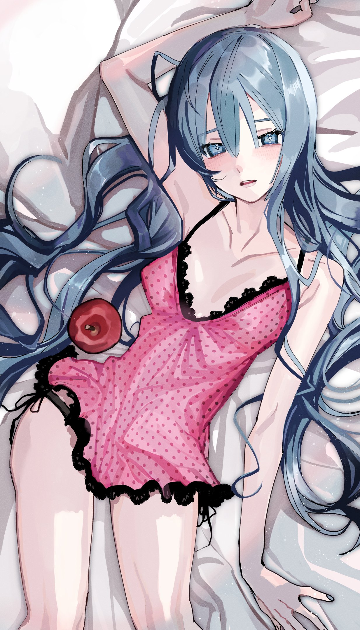1girl apple aqua_eyes aqua_hair aqua_nails blush breasts collarbone commentary contrapposto cowboy_shot dress food from_above fruit half-closed_eyes hand_up hatsune_miku highres lingerie long_hair looking_at_viewer lying nail_polish on_back open_mouth pink_dress polka_dot polka_dot_dress romeo_to_cinderella_(vocaloid) skinny small_breasts solo soyaka spaghetti_strap twintails underwear very_long_hair vocaloid