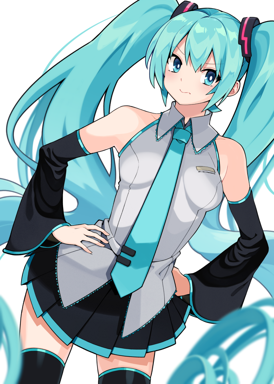 1girl :s annoyed bangs bare_shoulders black_legwear black_skirt blue_eyes blue_hair blue_neckwear blurry blurry_foreground closed_mouth collared_shirt commentary cowboy_shot detached_sleeves dutch_angle eyebrows_visible_through_hair grey_shirt hands_on_hips hatsune_miku highres kotomuke_fuurin long_hair looking_at_viewer necktie pleated_skirt shirt simple_background skirt sleeveless sleeveless_shirt solo thigh-highs twintails v-shaped_eyebrows very_long_hair vocaloid white_background zettai_ryouiki