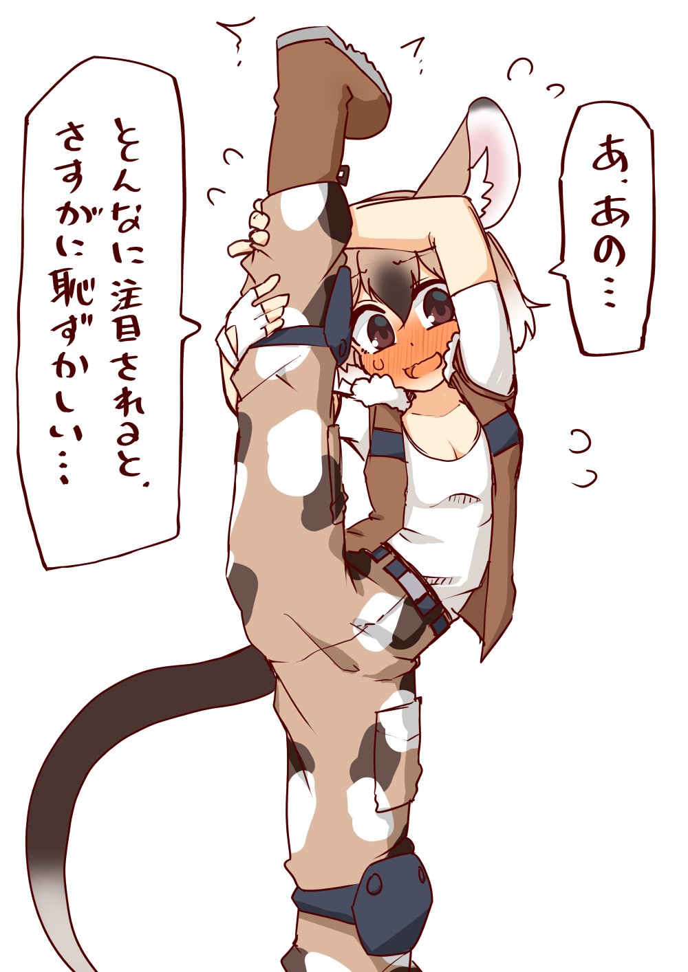 1girl 370ml animal_ears arms_up baggy_pants bangs belt black_hair blush boots brown_hair embarrassed eyebrows_visible_through_hair fingerless_gloves flexible flying_sweatdrops fur_trim gambian_pouched_rat_(kemono_friends) gloves hair_between_eyes highres kemono_friends kemono_friends_3 knee_pads leg_hold leg_lift leg_up looking_at_viewer medium_hair multicolored_hair nose_blush open_clothes open_mouth open_vest pants pocket print_pants shirt short_sleeves simple_background smile solo split spread_legs standing standing_on_one_leg standing_split stretch tail translation_request vest white_background white_hair white_shirt wide_spread_legs