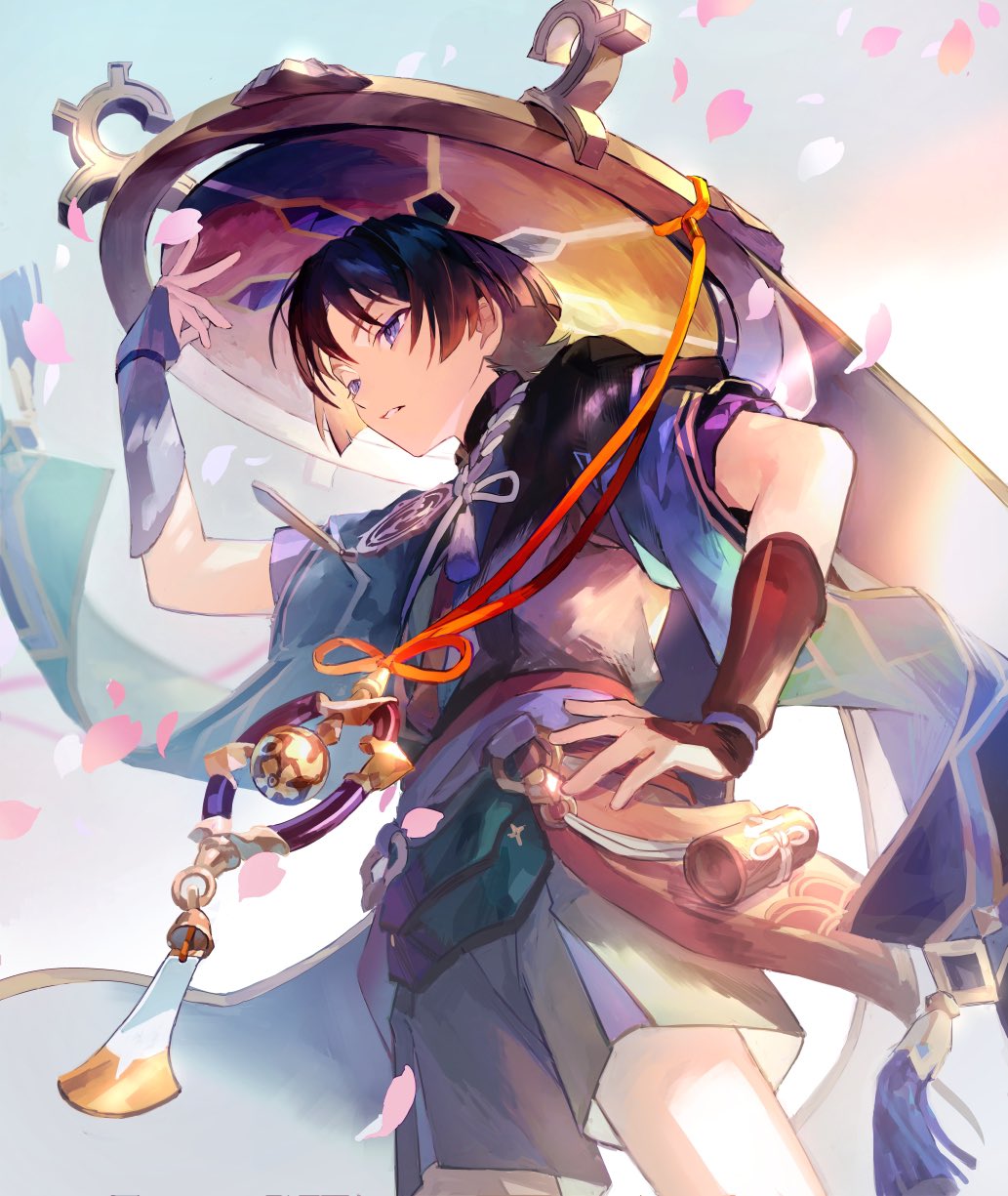 1boy arm_up armor bangs black_hair blue_eyes cowboy_shot dutch_angle genshin_impact hair_between_eyes half-closed_eyes hand_on_hip hat high_collar highres ichimegasa japanese_armor japanese_clothes jewelry kote kurokote looking_to_the_side male_focus parted_lips petals rope scaramouche_(genshin_impact) short_hair short_sleeves shorts simple_background solo standing sunlight tassel wide_sleeves yubari