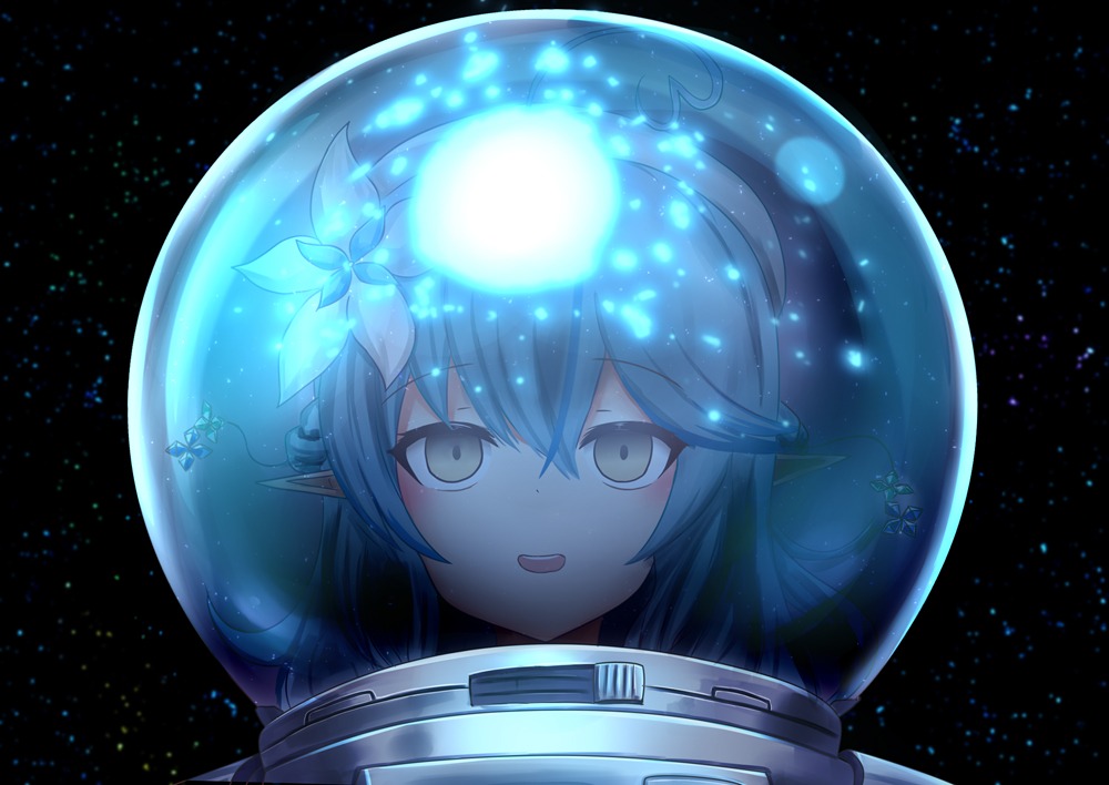 1girl bangs blue_hair blush elf hololive nawate_(dij) outer_wilds pointy_ears reflection smile solo space spacesuit supernova_(star) upper_body virtual_youtuber yellow_eyes yukihana_lamy